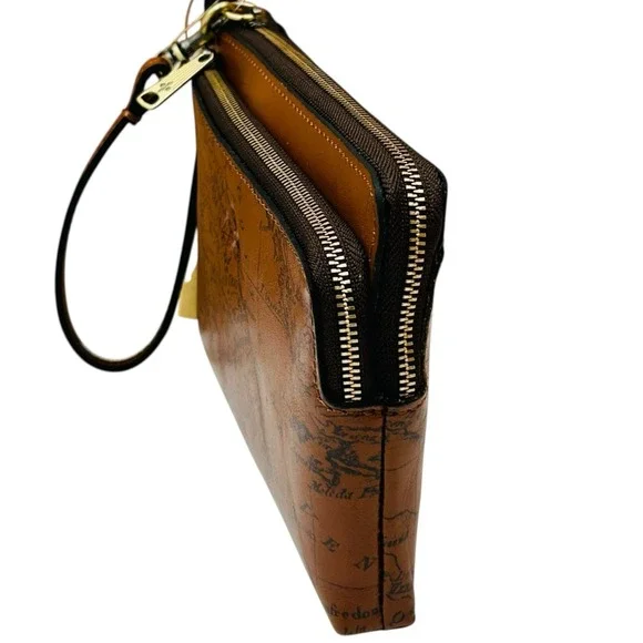 Patricia Nash Varone Fullgrain Leather Wristlet Signature Map Print Brown Clutch - Picture 5 of 15